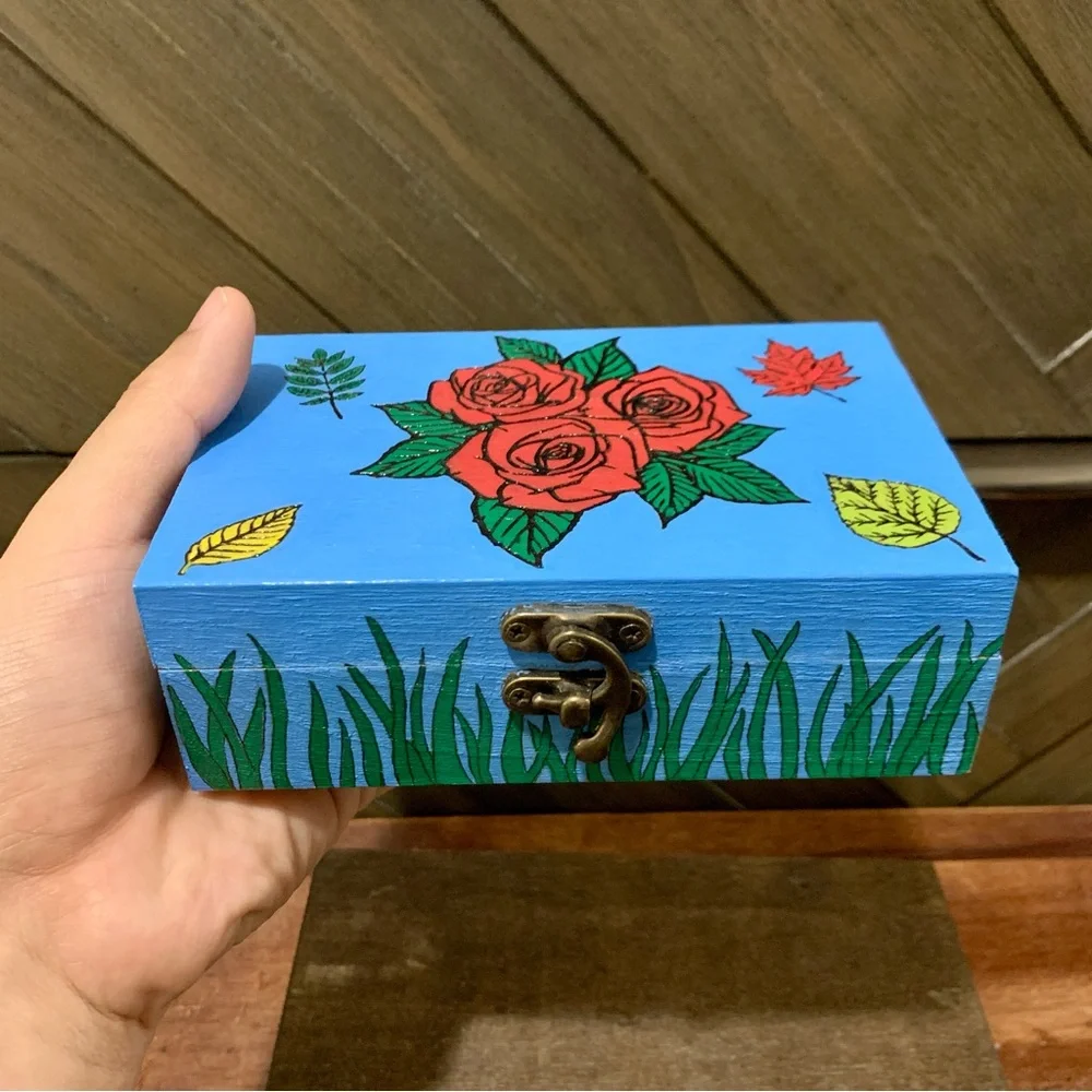 Blooming Rose Blue Wooden Box
